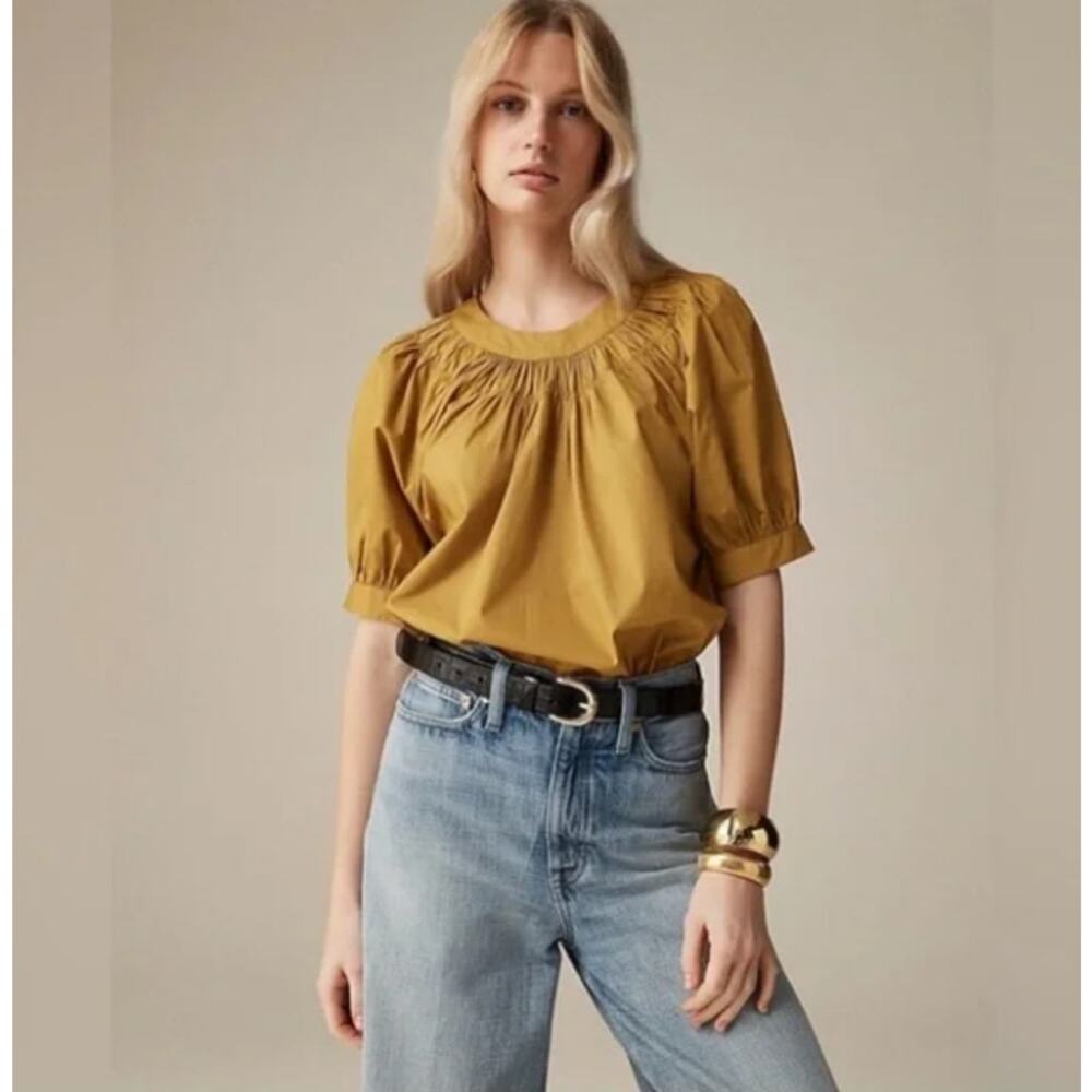 J. Crew Smocked Poplin‎ Puff Sleeve Top Honey Brown Regenerative Cotton S